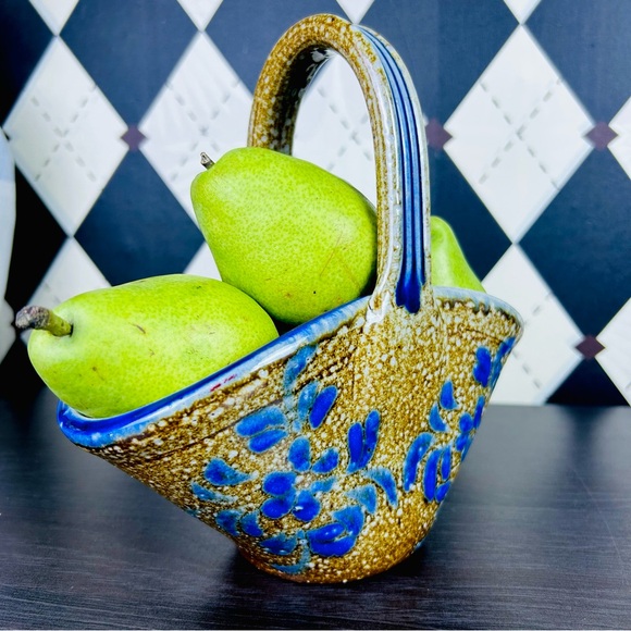 Vintage Studio Earthenware Basket Bowl, Blue Floral Glaze 8" Gray Brown Blue - Picture 4 of 14